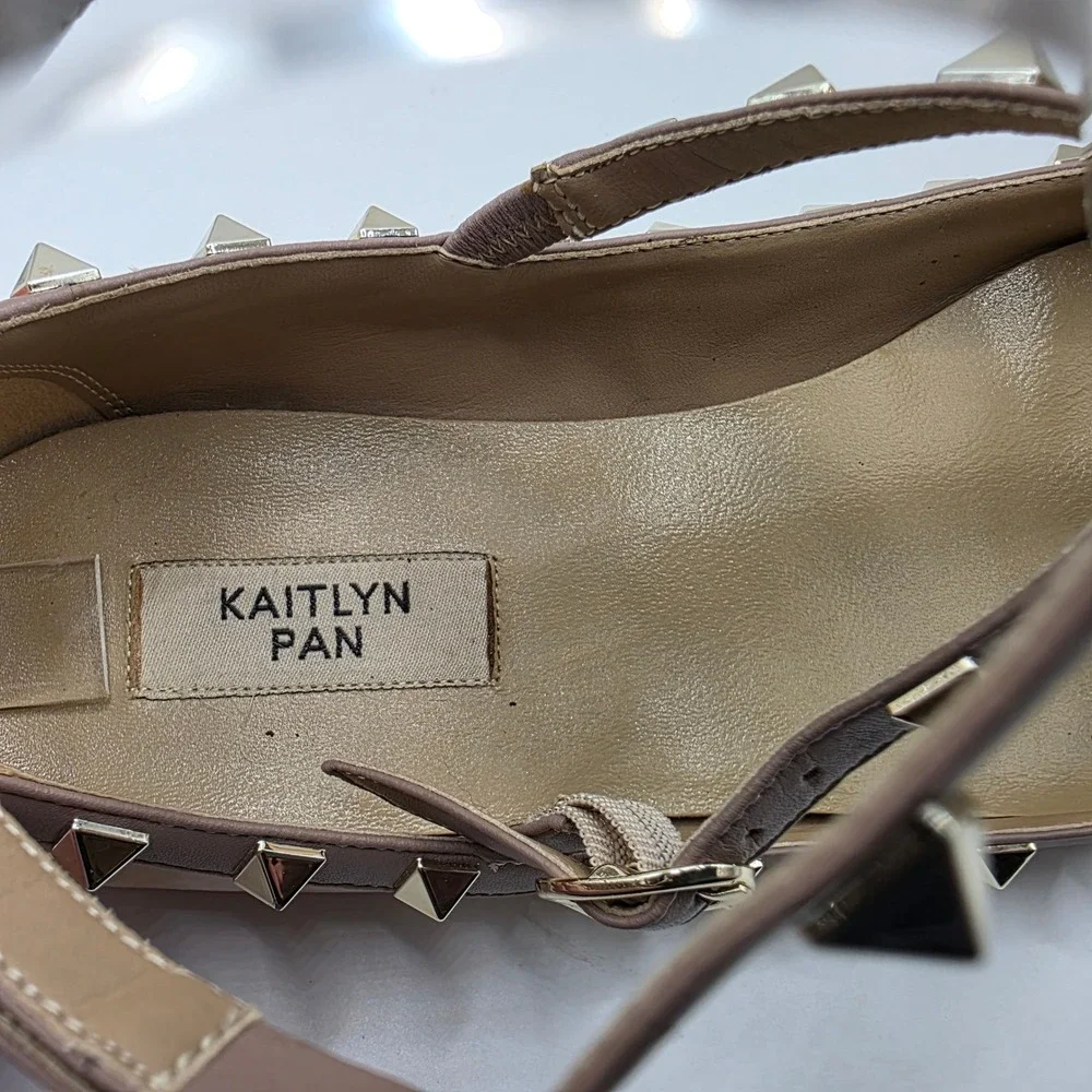 Kaitlyn Pan Nude Patent Rockstud Strappy Pointed Toe Flats Shoes Womens 10.5